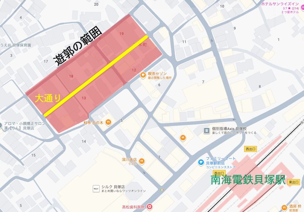 貝塚遊郭の区画と場所。貝塚駅の目の前にある。