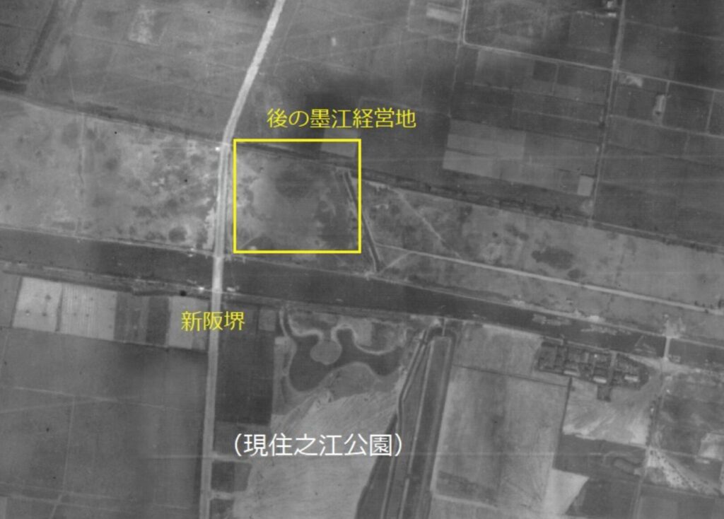 1928年の住之江区の航空写真より。新阪堺(阪堺電軌鉄道)が開発した墨江住宅地が見える