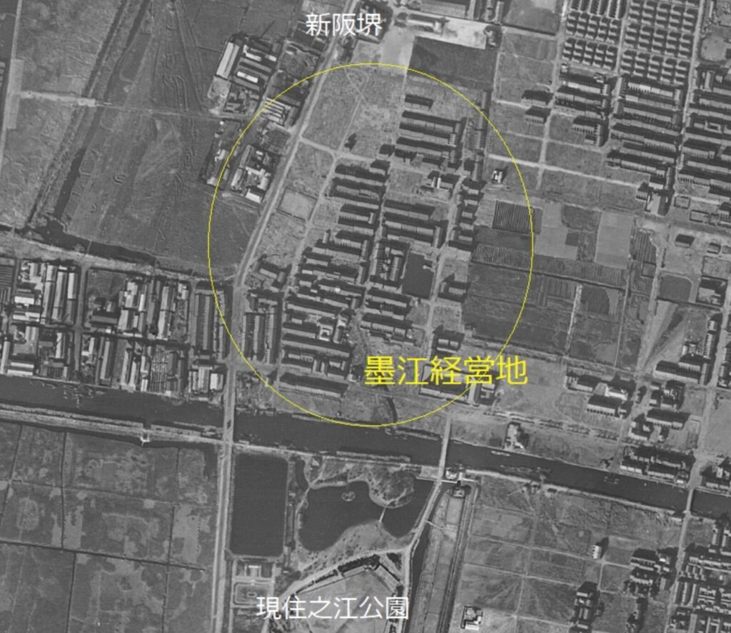 1942年の住之江区の航空写真より。新阪堺(阪堺電軌鉄道)が開発した墨江住宅地