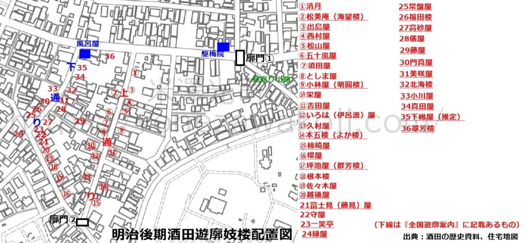 明治後期酒田遊郭貸座敷妓楼配置図