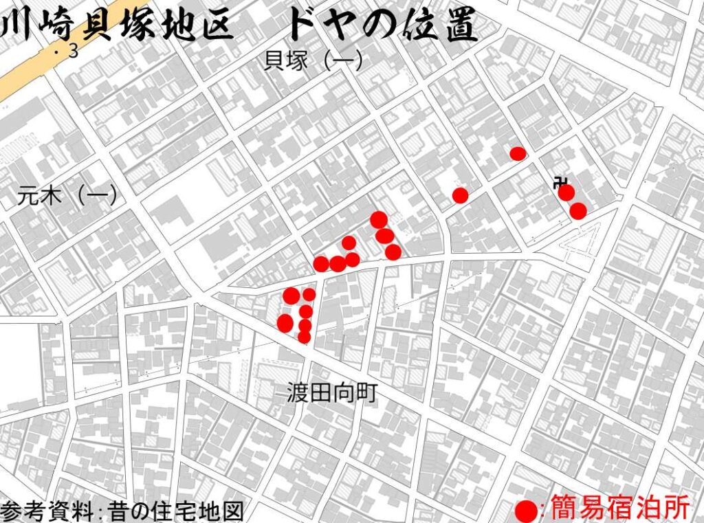 川崎市貝塚のドヤ街の地図