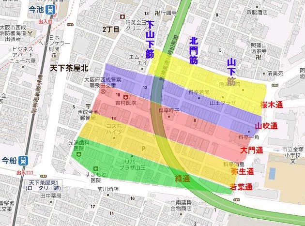 飛田の桜木通、山吹通、大門通、弥生町通、若菜町通