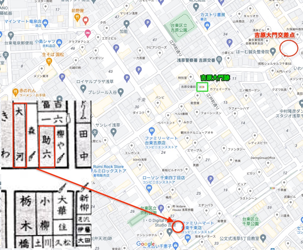 赤線時代の吉原の店、「助六」「大河」の位置。