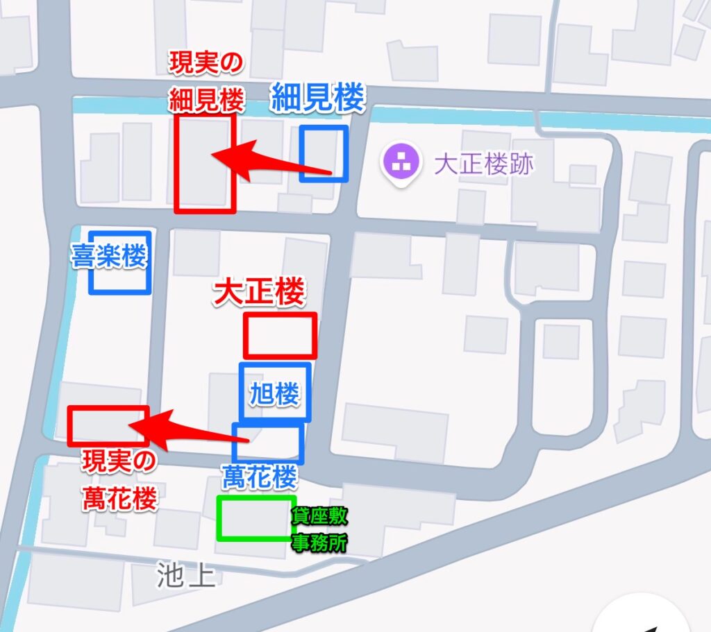 京口新地、篠山遊廓の妓楼遊郭配置図。大正楼の位置が違う