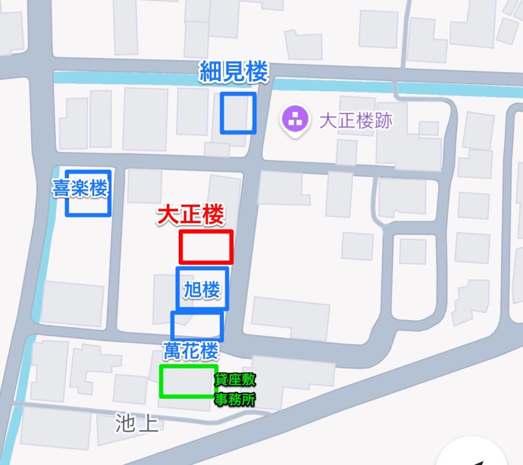 京口新地、篠山遊廓の妓楼遊郭配置図。大正楼の位置が違う