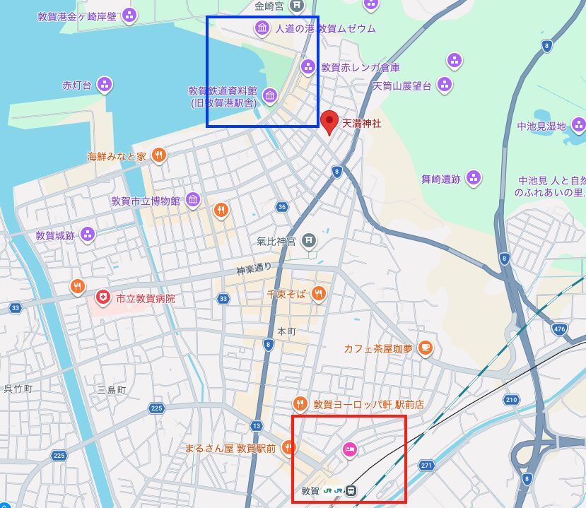 敦賀遊郭があった場所。天満神社の周辺にあった。