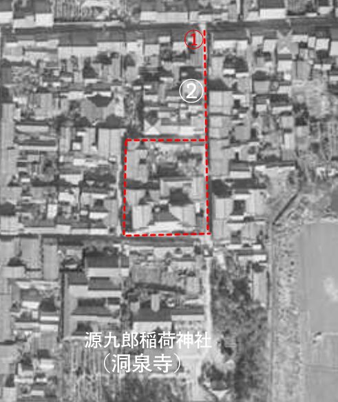 昭和36年（1961）の大和郡山市の航空写真、洞泉寺遊郭の部分。