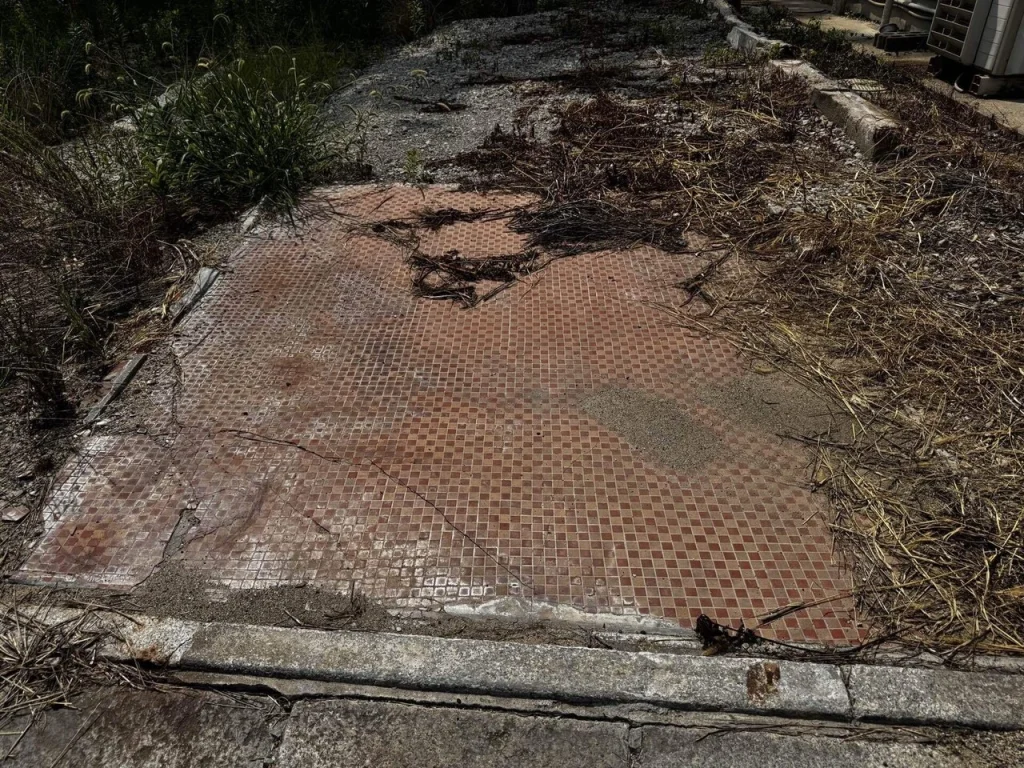 奈良県大和郡山市の東岡町遊郭跡の取り壊された遊郭（妓楼）跡の姿。玄関に敷かれたタイル。