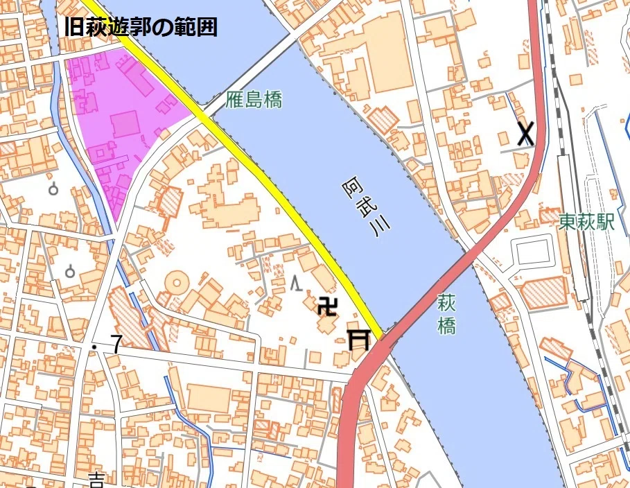 山口県萩市の弘法寺遊郭の地図