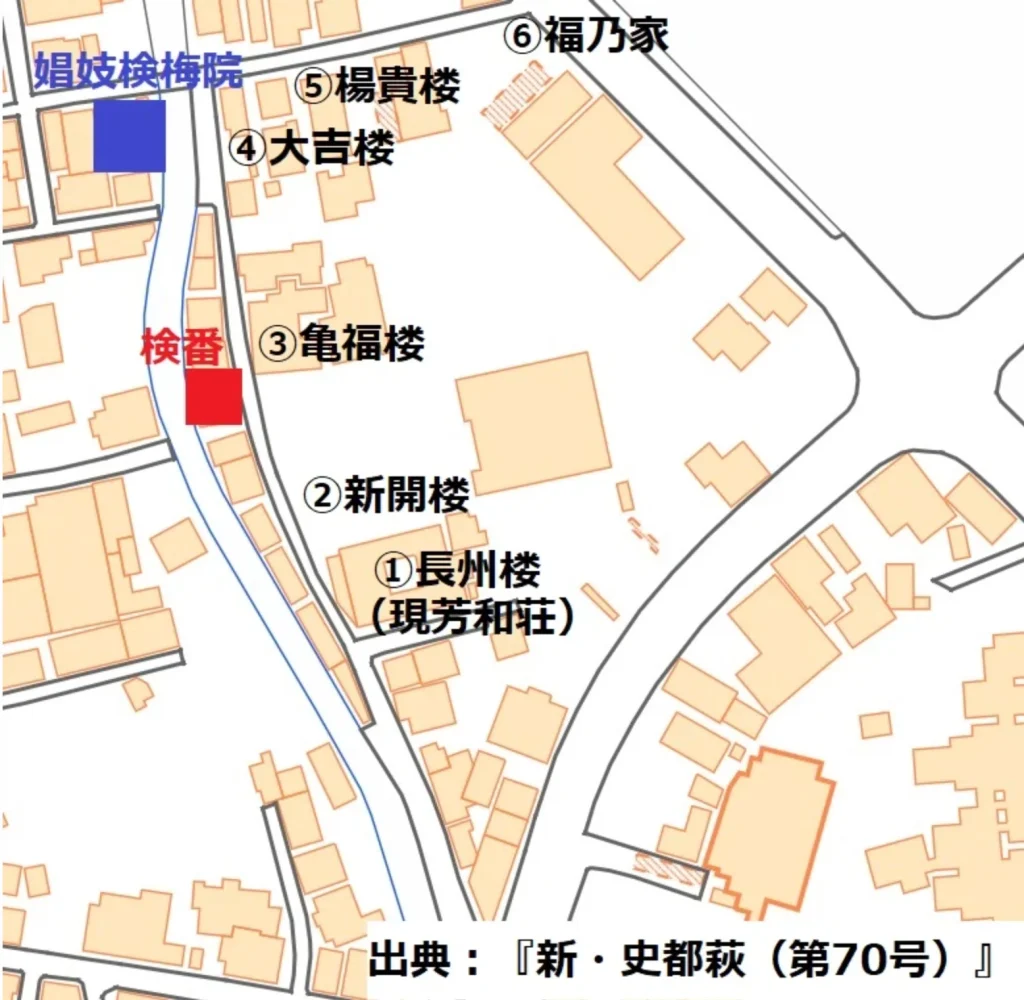 山口県萩市の弘法寺遊郭の詳しい地図。妓楼(遊郭)の位置